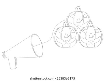 Una línea continua de megáfono con calabaza Halloween Jack O' Lantern. Concepto de Vector de ilustración de línea delgada. Contour Dibujo Ideas creativas.