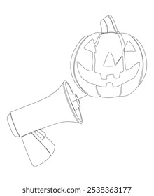 Uma linha contínua de Megaphone com abóbora Halloween Jack O' Lantern. Conceito de vetor de Ilustração de Linha Fina. Desenho de contorno Ideias criativas.