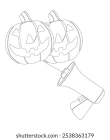 Una línea continua de megáfono con calabaza Halloween Jack O' Lantern. Concepto de Vector de ilustración de línea delgada. Contour Dibujo Ideas creativas.