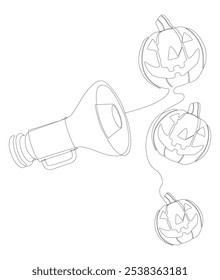 Una línea continua de megáfono con calabaza Halloween Jack O' Lantern. Concepto de Vector de ilustración de línea delgada. Contour Dibujo Ideas creativas.