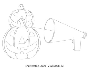 Uma linha contínua de Megaphone com abóbora Halloween Jack O' Lantern. Conceito de vetor de Ilustração de Linha Fina. Desenho de contorno Ideias criativas.