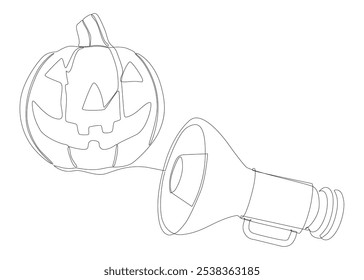 Una línea continua de megáfono con calabaza Halloween Jack O' Lantern. Concepto de Vector de ilustración de línea delgada. Contour Dibujo Ideas creativas.