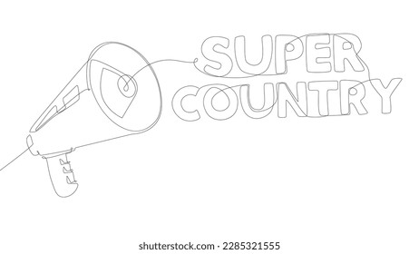 One continuous line of Megaphone with Super Country text. Thin Line Illustration vector concept. Contour Drawing Creative ideas.