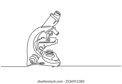 Uma linha contínua. Microscópio. Instrumento científico. Ícone plano mínimo. Desenho contínuo de uma linha do laboratório de microscópio. Ilustração vetorial de arte de linha de microscópio