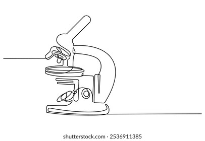 Uma linha contínua. Microscópio. Instrumento científico. Ícone plano mínimo. Desenho contínuo de uma linha do laboratório de microscópio. Ilustração vetorial de arte de linha de microscópio