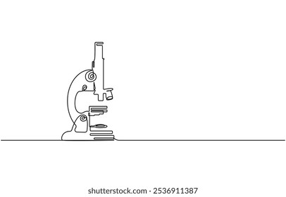 Uma linha contínua. Microscópio. Instrumento científico. Ícone plano mínimo. Desenho contínuo de uma linha do laboratório de microscópio. Ilustração vetorial de arte de linha de microscópio