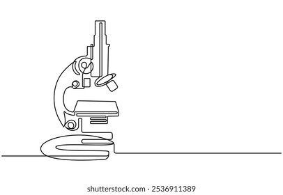 Uma linha contínua. Microscópio. Instrumento científico. Ícone plano mínimo. Desenho contínuo de uma linha do laboratório de microscópio. Ilustração vetorial de arte de linha de microscópio