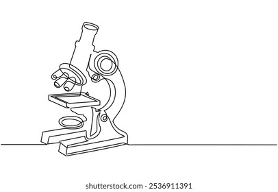 Uma linha contínua. Microscópio. Instrumento científico. Ícone plano mínimo. Desenho contínuo de uma linha do laboratório de microscópio. Ilustração vetorial de arte de linha de microscópio