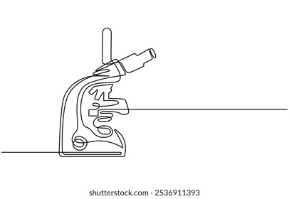 Uma linha contínua. Microscópio. Instrumento científico. Ícone plano mínimo. Desenho contínuo de uma linha do laboratório de microscópio. Ilustração vetorial de arte de linha de microscópio