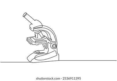 Uma linha contínua. Microscópio. Instrumento científico. Ícone plano mínimo. Desenho contínuo de uma linha do laboratório de microscópio. Ilustração vetorial de arte de linha de microscópio