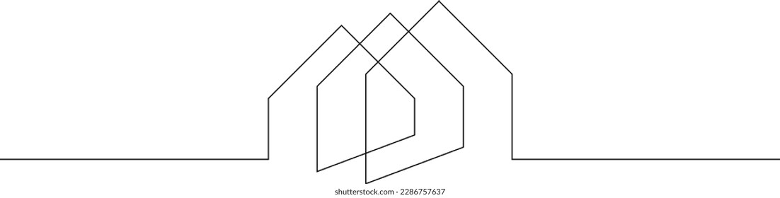 One continuous line. Minimalist home logo design. Residential building logo. Construction and rent. Residential building. House. One continuous line drawn isolated, white background.
