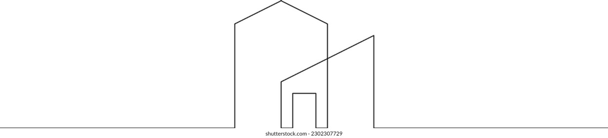 One continuous line. Minimalist home design. Geometric building logo. Modern city house. One continuous line drawn isolated, white background.