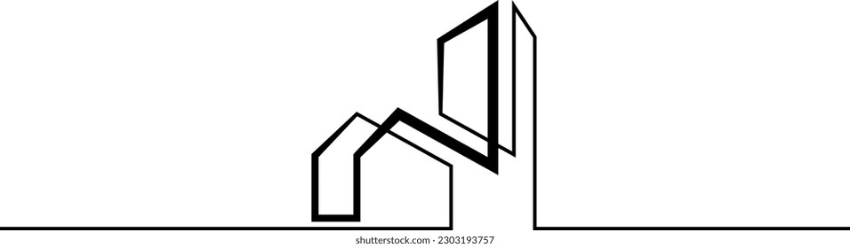 One continuous line. Minimalist home logo design. Thick bold line. Linear house design. One continuous line drawn isolated, white background.