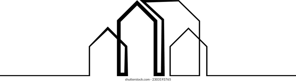 One continuous line. Minimalist home logo design. Thick bold line. Linear house design. One continuous line drawn isolated, white background.