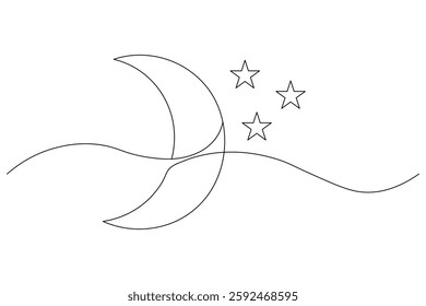 One continuous line moon and stars of isolated outline vector drawing illustration
