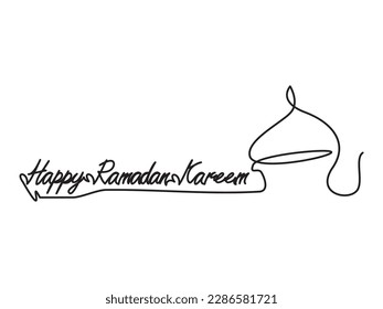 One continuous line of mosque dome symbol. Vector illustration of mosque dome. Happy ramadan kareem text.
