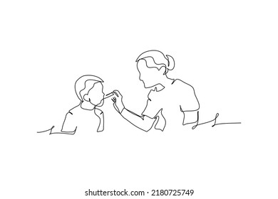 One continuous line mother feeds her son  Minimalist style vector illustration in white background 