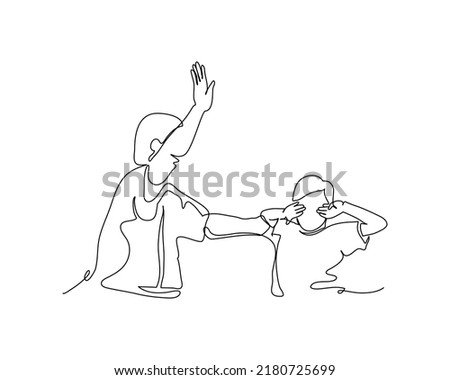 One continuous line of a mother scolding her child harshly. Minimalist style vector illustration in white background.