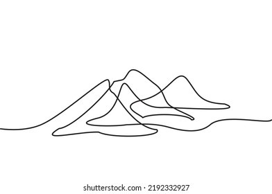 One continuous line of mountain hills drawing. Vector illustration of mountainous hills for symbol, icon, logo, emblem, poster. Premium icon single line for adventure, camping, picnic and travel.