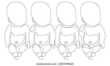 One continuous line of multiple babies. Thin Line Illustration vector baby concept. Contour Drawing Creative ideas.