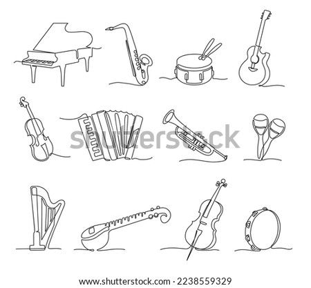 One continuous line musical Instruments. Orchestra saxophone, grand piano, acoustic guitar and sitar. Jazz music isolated vector set of musical instrument for concert illustration
