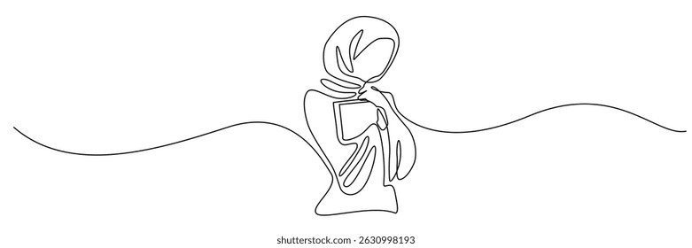 uma linha contínua mulher muçulmana abraçando Alcorão. ilustração vetorial uma linha árabe vestindo hijab com livro sagrado.