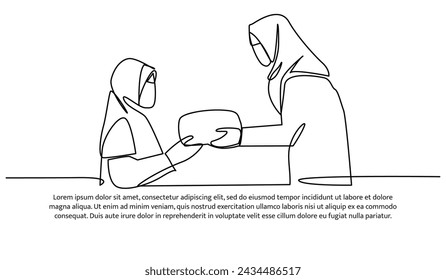 one continuous line of an  Muslim women giving gifts. for Islamic celebration promotion model.