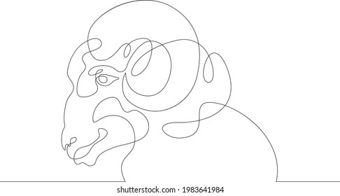 One continuous line.Ram muzzle logo. Wild animal. Aries head profile.One continuous drawing line logo isolated minimal illustration.