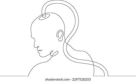 One continuous line. Neuroimplants. Brain implants. Bald man with wires in his head. Neurochip. Wires connected to head of bald man.One continuous line drawn isolated, white background.