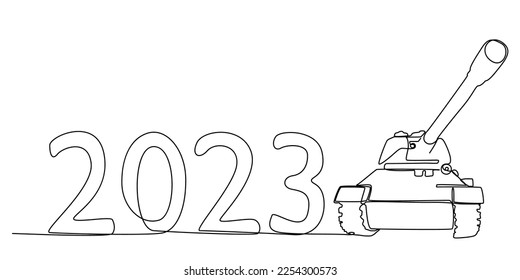 Una línea continua de número 2023 y tanque blindado. Concepto vectorial de Ilustración de líneas delgadas. Contour Drawing Ideas Creativas.