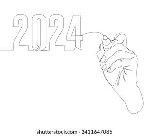 One continuous line of number 2024 written by with felt tip pen. Thin Line Illustration vector concept. Contour Drawing Creative ideas.