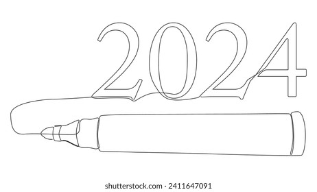 One continuous line of number 2024 written by with felt tip pen. Thin Line Illustration vector concept. Contour Drawing Creative ideas.