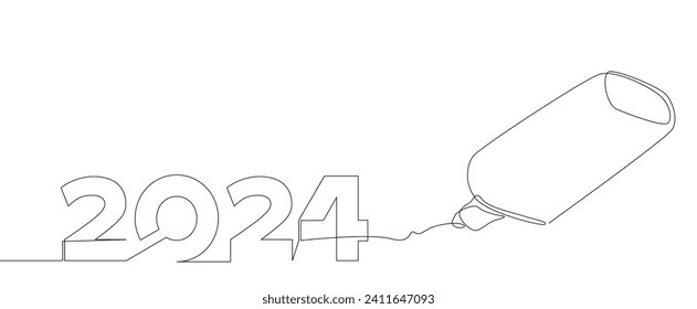 One continuous line of number 2024 written by with felt tip pen. Thin Line Illustration vector concept. Contour Drawing Creative ideas.