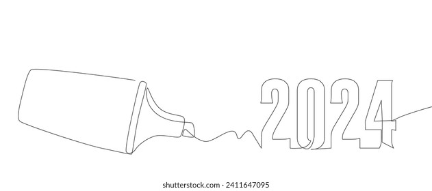 One continuous line of number 2024 written by with felt tip pen. Thin Line Illustration vector concept. Contour Drawing Creative ideas.