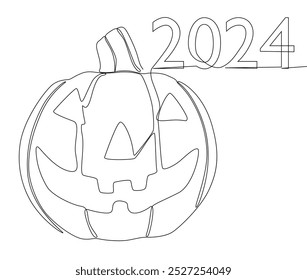 Uma linha contínua de número 2024 e abóbora Halloween Jack O' Lantern. Conceito de vetor de Ilustração de Linha Fina. Desenho de contorno Ideias criativas.