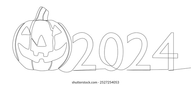 Uma linha contínua de número 2024 e abóbora Halloween Jack O' Lantern. Conceito de vetor de Ilustração de Linha Fina. Desenho de contorno Ideias criativas.