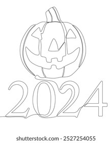 Uma linha contínua de número 2024 e abóbora Halloween Jack O' Lantern. Conceito de vetor de Ilustração de Linha Fina. Desenho de contorno Ideias criativas.