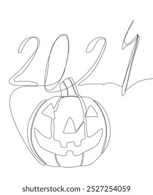 Uma linha contínua de número 2024 e abóbora Halloween Jack O' Lantern. Conceito de vetor de Ilustração de Linha Fina. Desenho de contorno Ideias criativas.