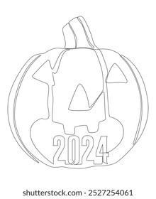 Uma linha contínua de número 2024 e abóbora Halloween Jack O' Lantern. Conceito de vetor de Ilustração de Linha Fina. Desenho de contorno Ideias criativas.