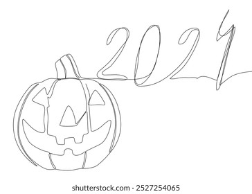 One continuous line of number 2024 and Halloween Jack O' Lantern pumpkin. Thin Line Illustration vector concept. Contour Drawing Creative ideas.