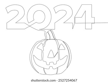 Uma linha contínua de número 2024 e abóbora Halloween Jack O' Lantern. Conceito de vetor de Ilustração de Linha Fina. Desenho de contorno Ideias criativas.