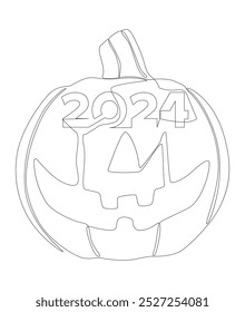 Uma linha contínua de número 2024 e abóbora Halloween Jack O' Lantern. Conceito de vetor de Ilustração de Linha Fina. Desenho de contorno Ideias criativas.