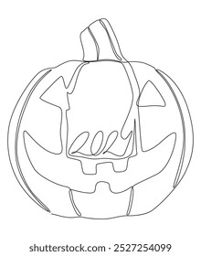 Uma linha contínua de número 2024 e abóbora Halloween Jack O' Lantern. Conceito de vetor de Ilustração de Linha Fina. Desenho de contorno Ideias criativas.