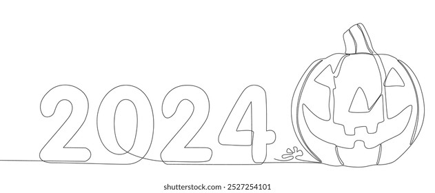 Uma linha contínua de número 2024 e abóbora Halloween Jack O' Lantern. Conceito de vetor de Ilustração de Linha Fina. Desenho de contorno Ideias criativas.