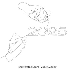 One continuous line of number 2025 written by with felt tip pen. Thin Line Illustration vector concept. Contour Drawing Creative ideas.