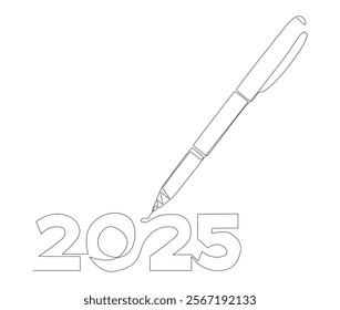 One continuous line of number 2025 written by with felt tip pen. Thin Line Illustration vector concept. Contour Drawing Creative ideas.