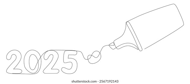 One continuous line of number 2025 written by with felt tip pen. Thin Line Illustration vector concept. Contour Drawing Creative ideas.