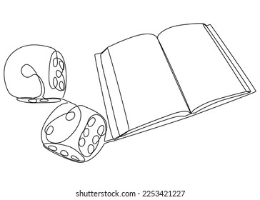 One continuous line of Opened Book with Dice. Thin Line Illustration vector concept. Contour Drawing Creative ideas.