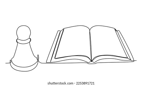 One continuous line of Opened Book and Chess Pawn. Thin Line Illustration vector concept. Contour Drawing Creative ideas.