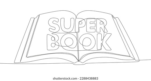 One continuous line of opened book with Super Book word. Thin Line Illustration vector concept. Contour Drawing Creative ideas.